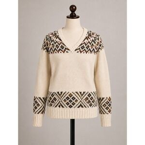 Natural Reflections Fair Isle V-Neck Knit Sweater Cream Size M Nordic Cabin